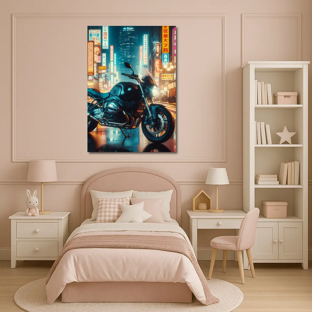 BMW Motorcycle Neon Tokyo City Night – Wall Art