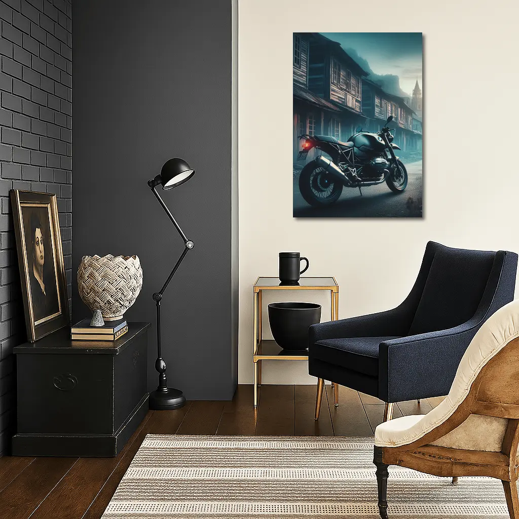 BMW Motorcycle Parked Misty Abandoned Town – Wall Art