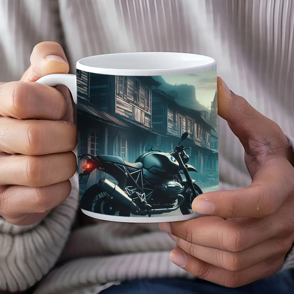BMW Motorcycle Parked Misty Abandoned Town – Mugs