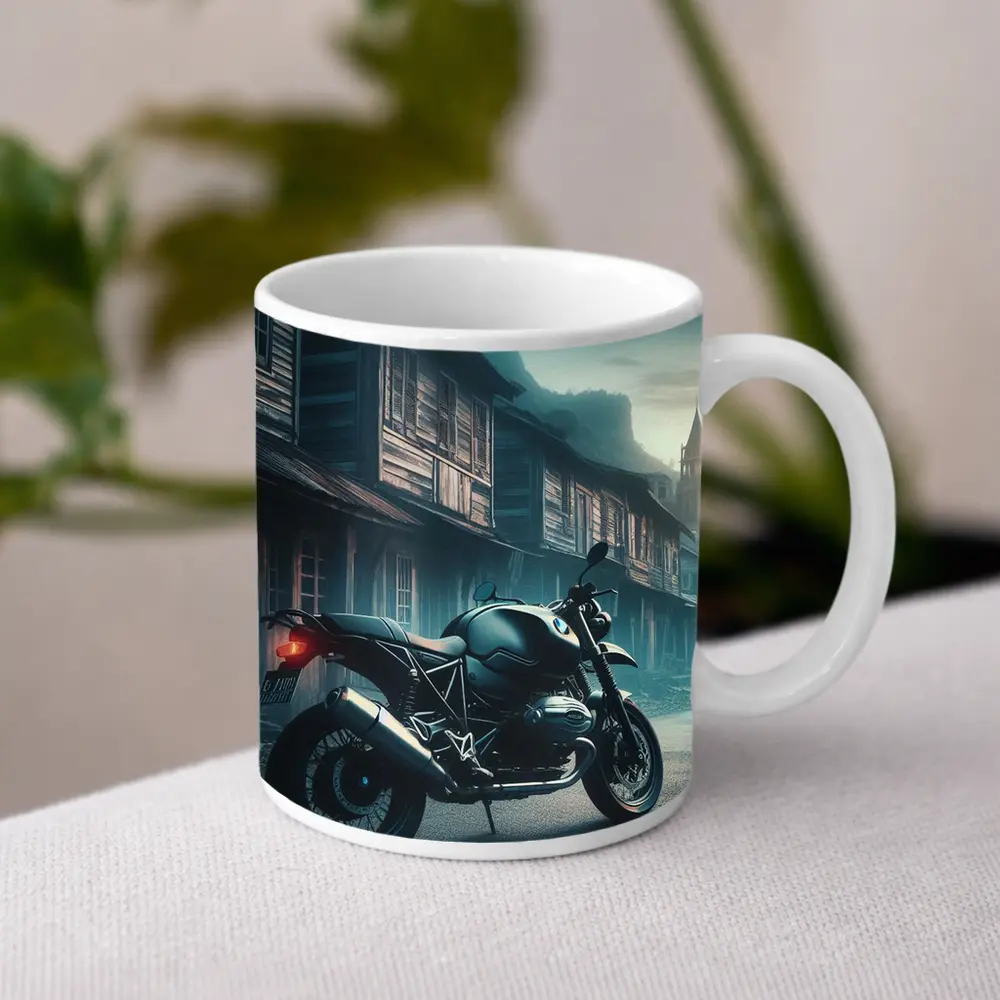 BMW Motorcycle Parked Misty Abandoned Town – Mugs