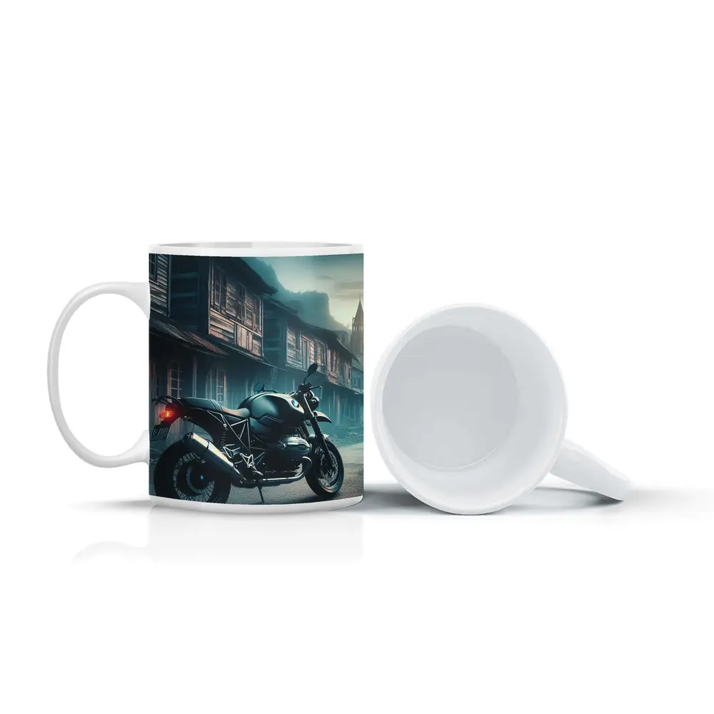 BMW Motorcycle Parked Misty Abandoned Town – Mugs