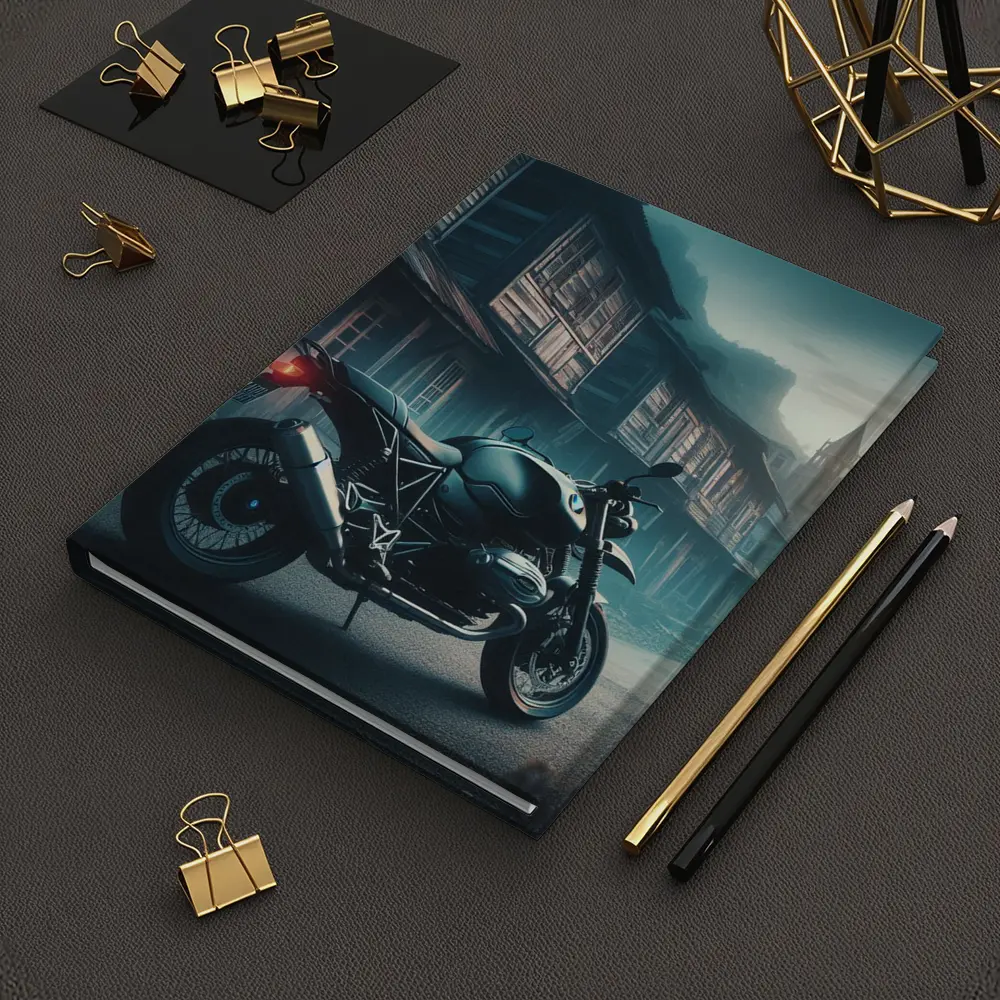 BMW Motorcycle Parked Misty Abandoned Town – Notebooks