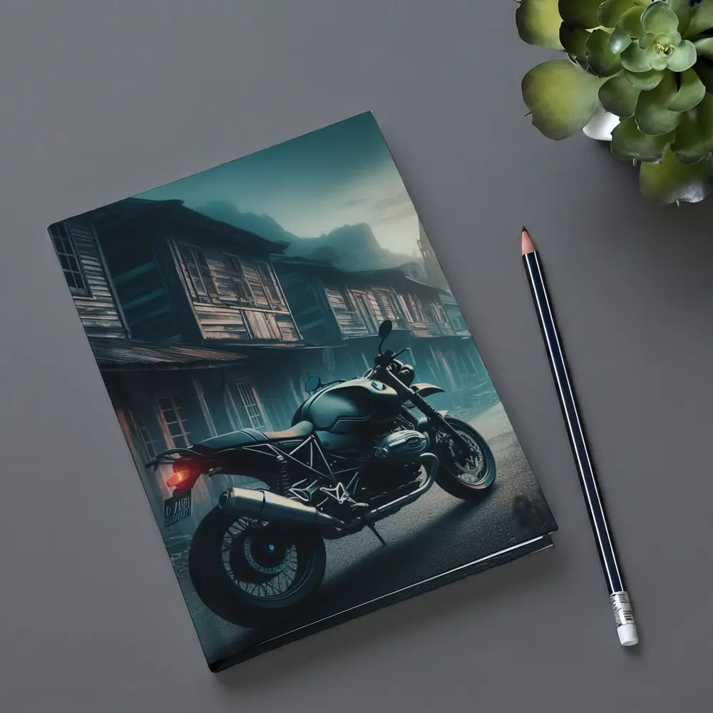 BMW Motorcycle Parked Misty Abandoned Town – Notebooks