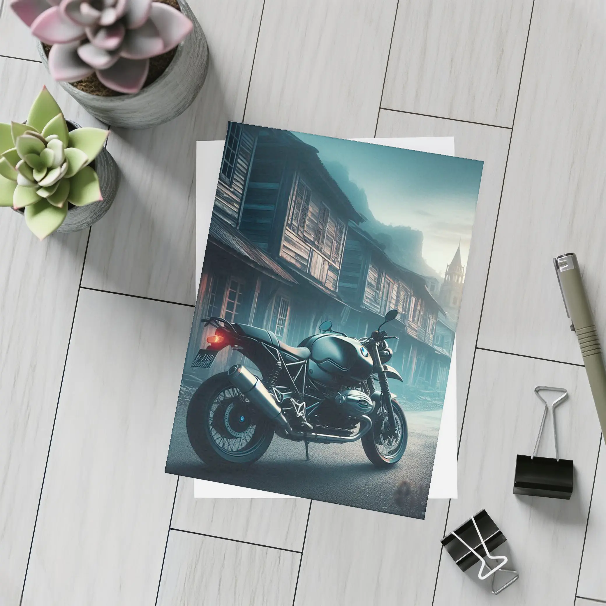 BMW Motorcycle Parked Misty Abandoned Town – Postcards