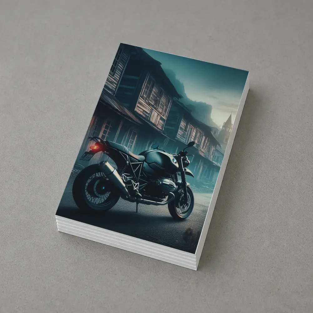 BMW Motorcycle Parked Misty Abandoned Town – Postcards
