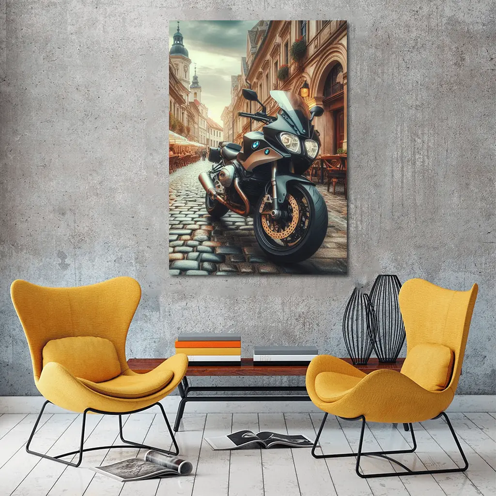 BMW Motorcycle Parked on European Cobblestone Street – Wall Art
