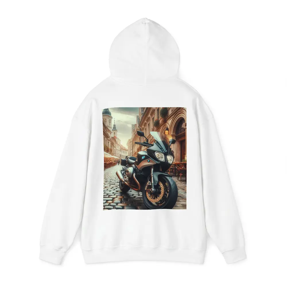 BMW Motorcycle Parked on European Cobblestone Street – Hoodies