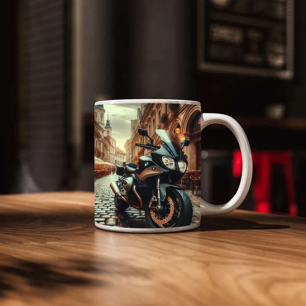 BMW Motorcycle Parked on European Cobblestone Street – Mugs