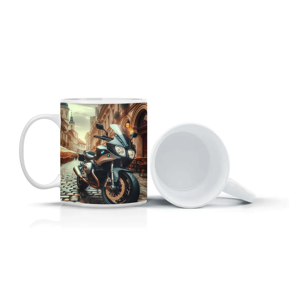 BMW Motorcycle Parked on European Cobblestone Street – Mugs