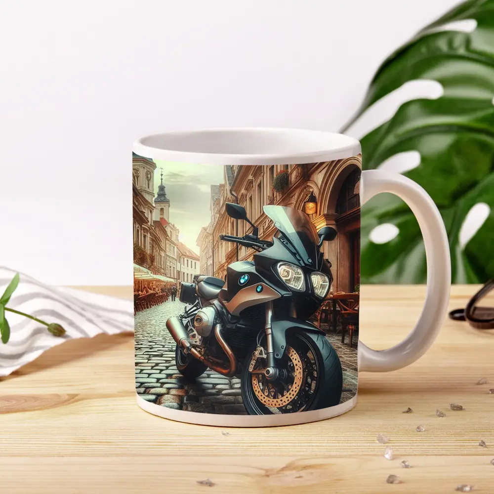 BMW Motorcycle Parked on European Cobblestone Street – Mugs