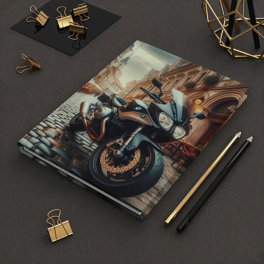 BMW Motorcycle Parked on European Cobblestone Street – Notebooks
