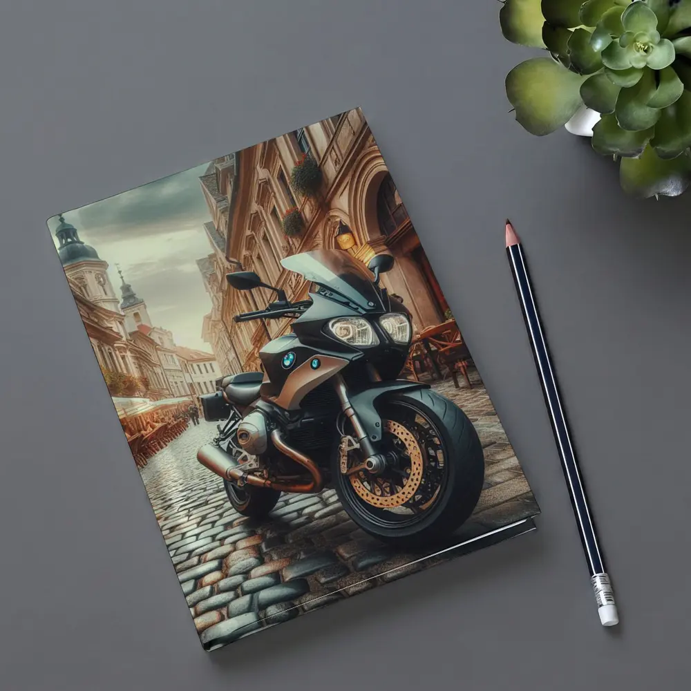 BMW Motorcycle Parked on European Cobblestone Street – Notebooks