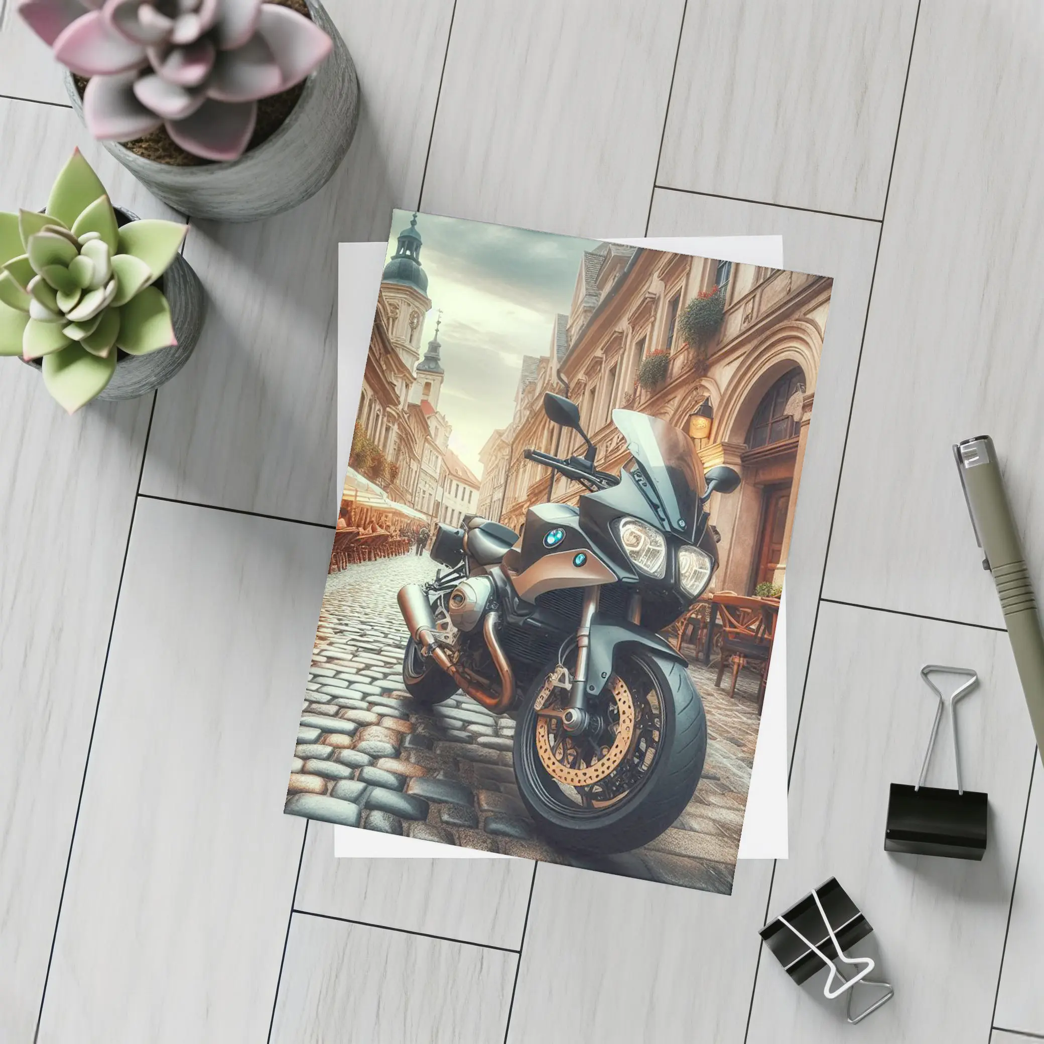 BMW Motorcycle Parked on European Cobblestone Street – Postcards