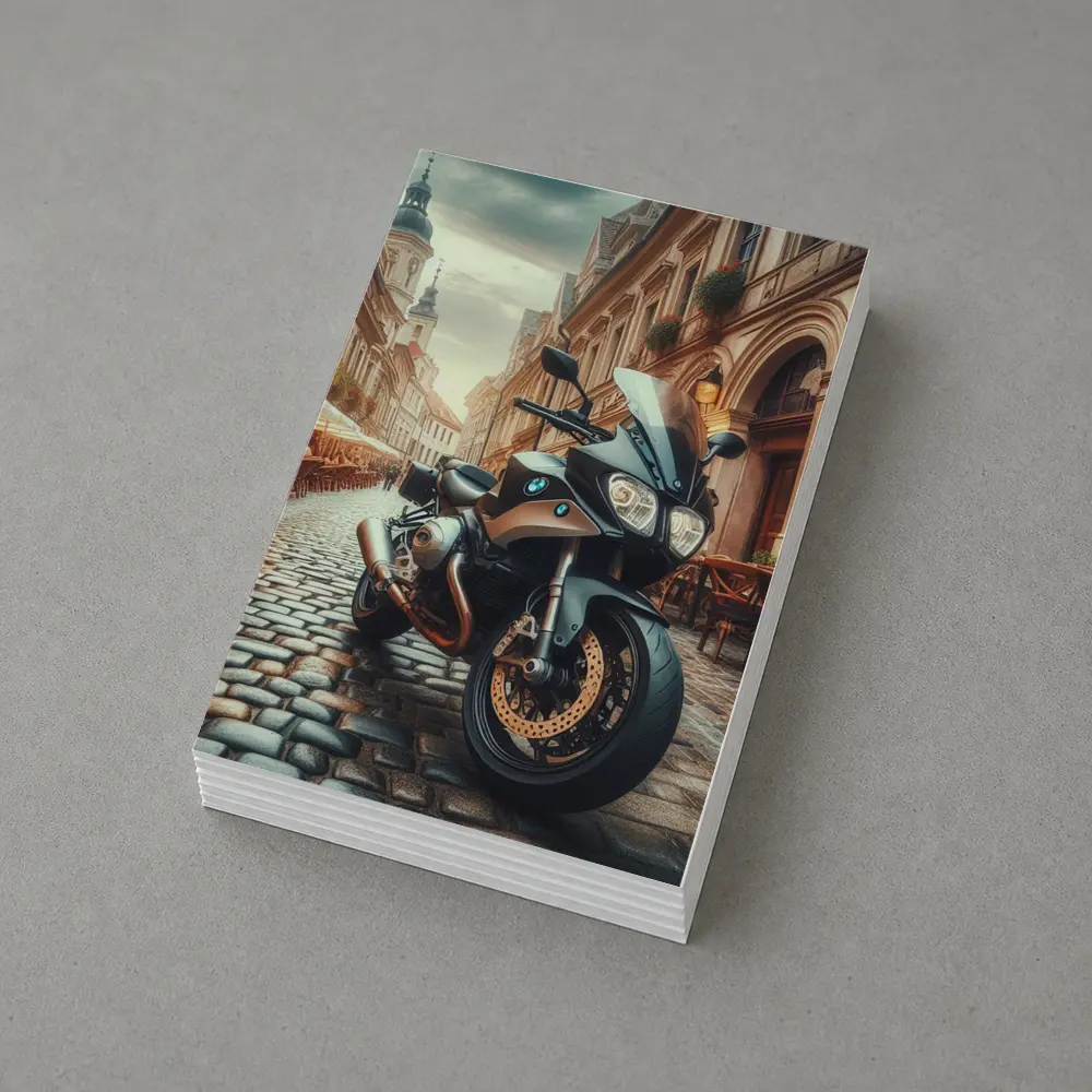 BMW Motorcycle Parked on European Cobblestone Street – Postcards