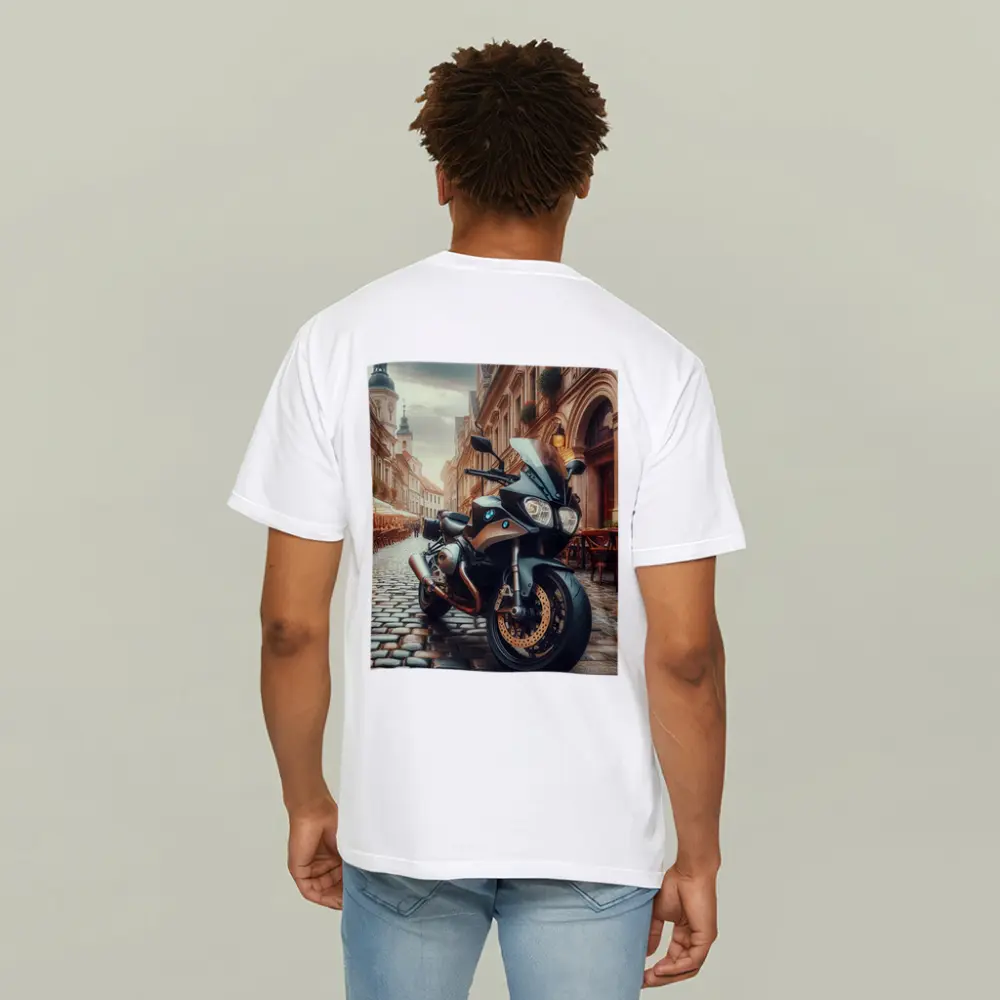 BMW Motorcycle Parked on European Cobblestone Street – T-Shirts