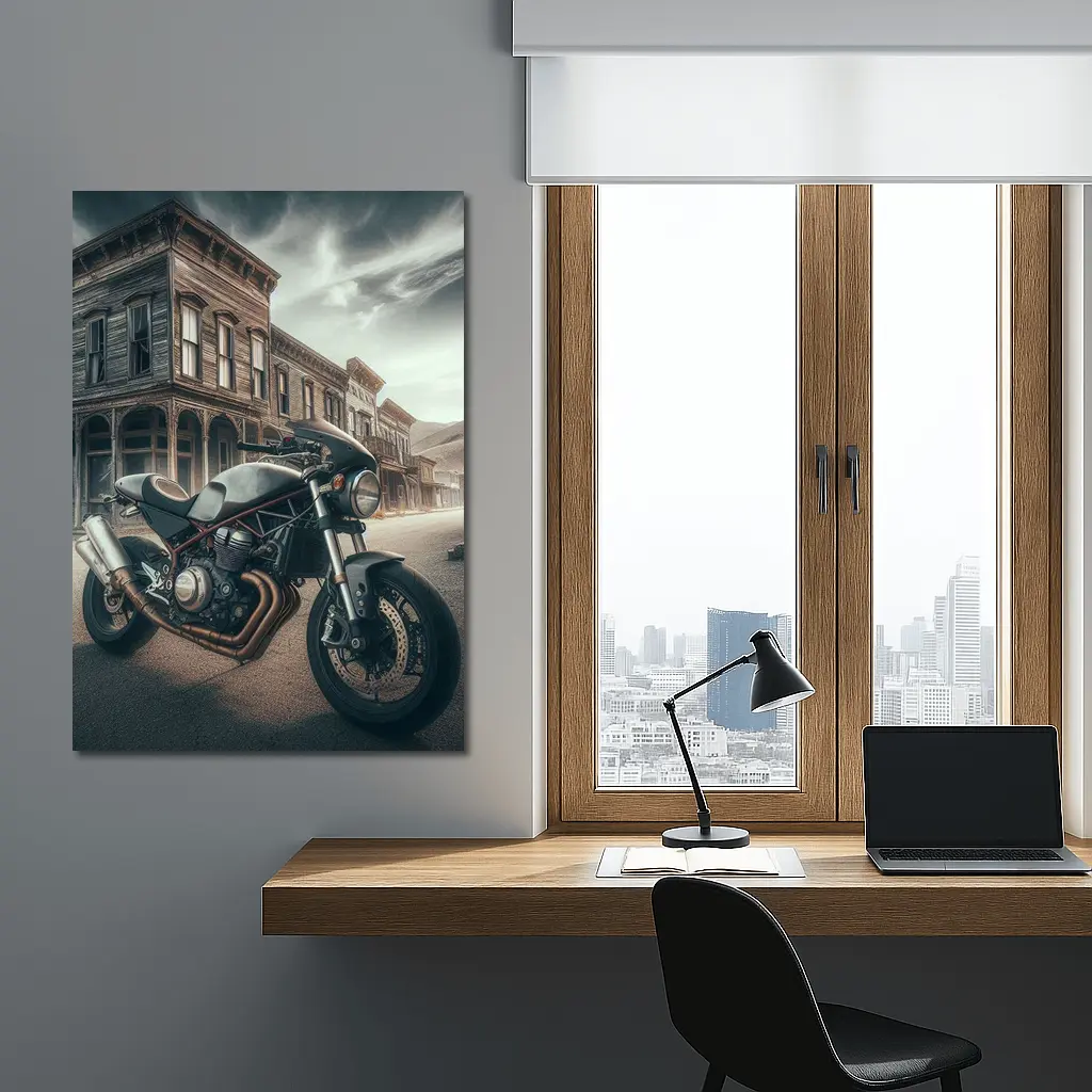 Cafe Racer Motorcycle Abandoned Western Town Street – Wall Art