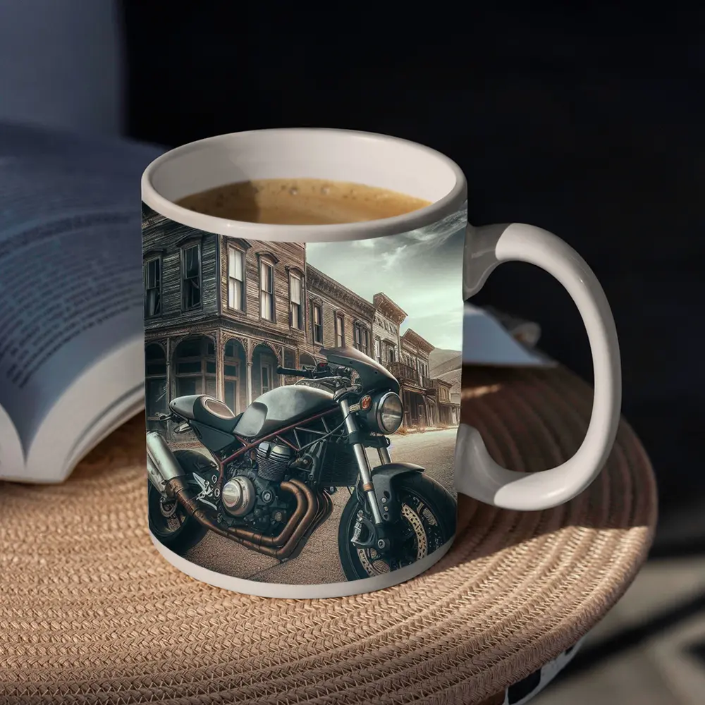 Cafe Racer Motorcycle Abandoned Western Town Street – Mugs