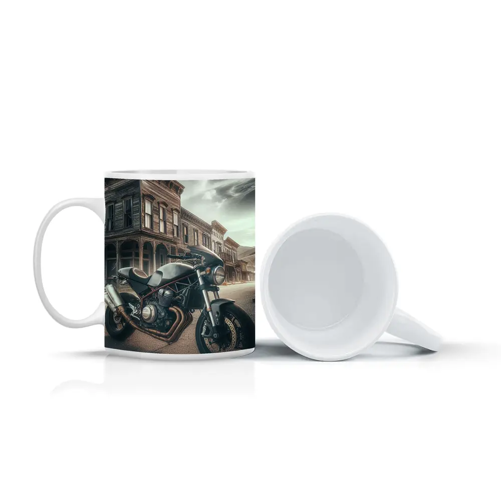 Cafe Racer Motorcycle Abandoned Western Town Street – Mugs