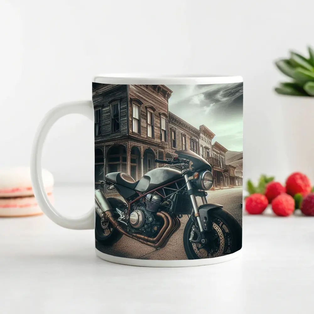 Cafe Racer Motorcycle Abandoned Western Town Street – Mugs