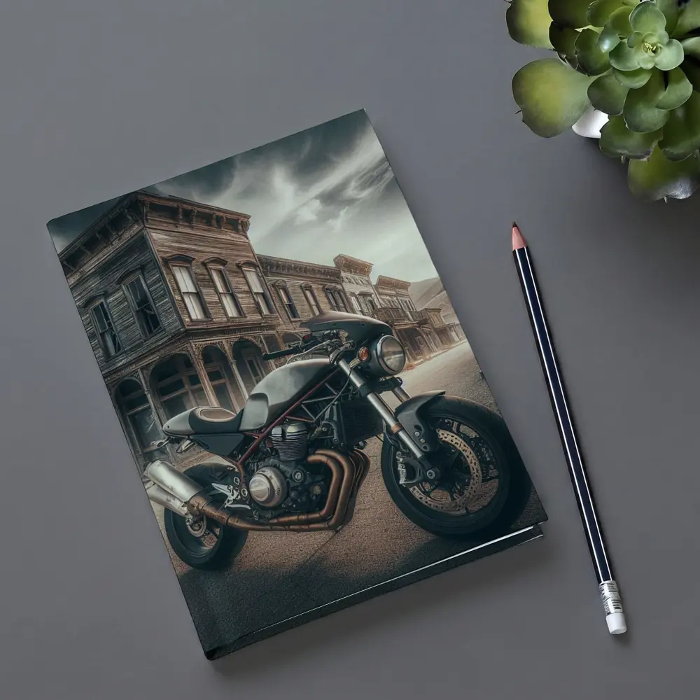 Cafe Racer Motorcycle Abandoned Western Town Street – Notebooks