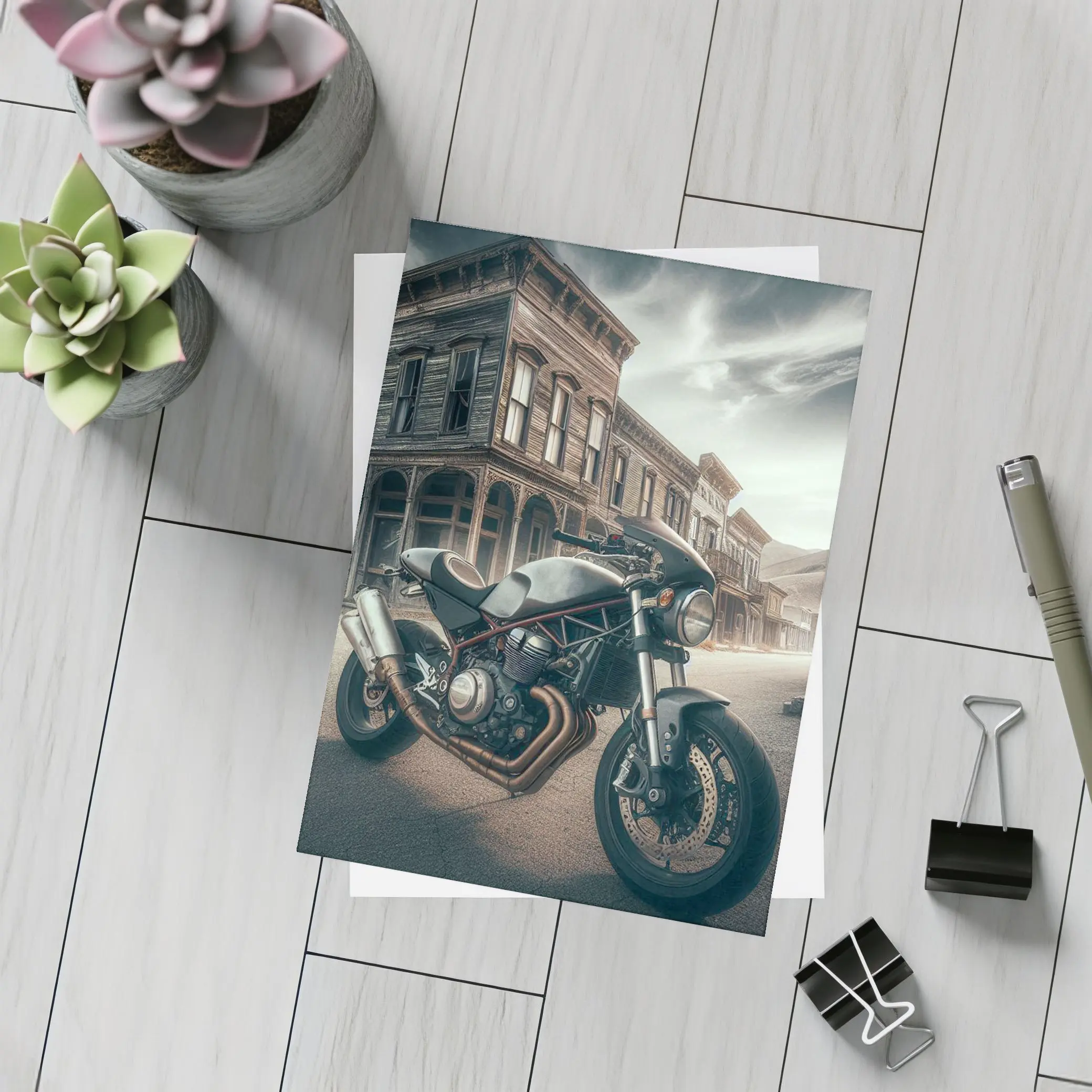 Cafe Racer Motorcycle Abandoned Western Town Street – Postcards