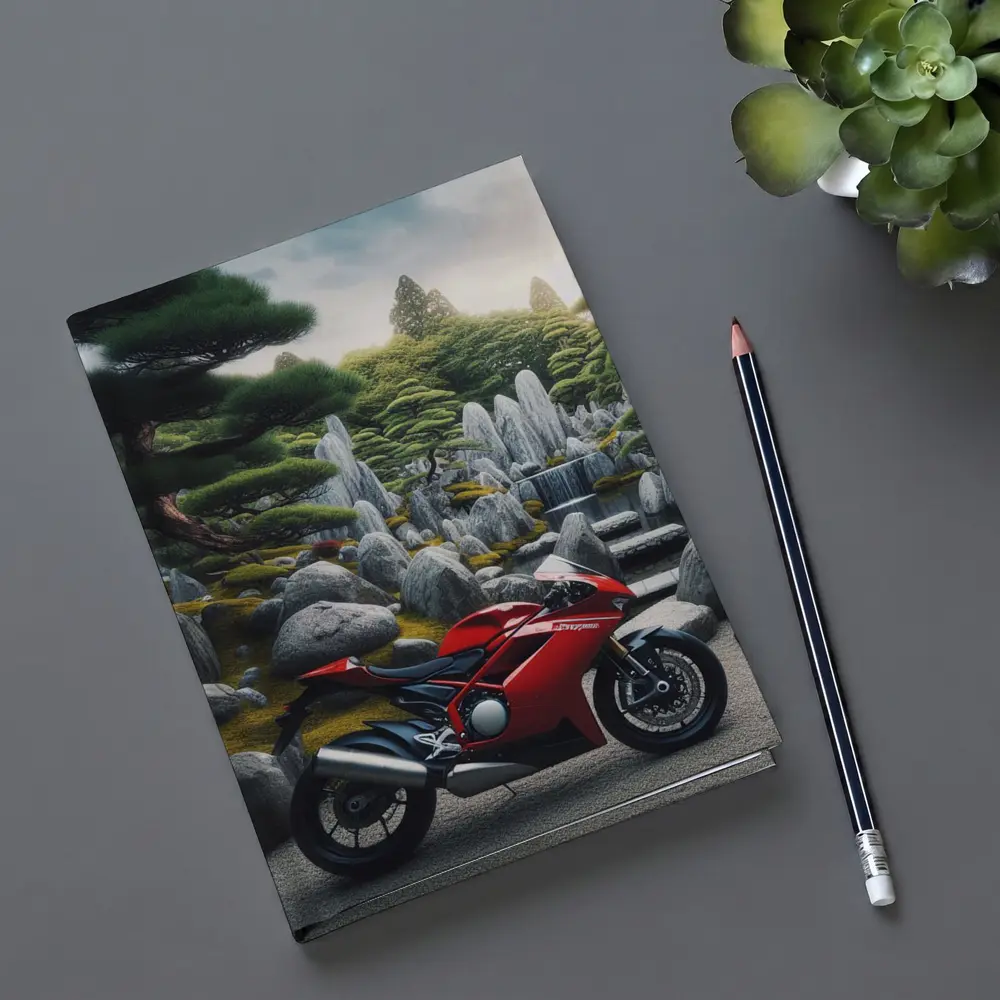 Red Ducati Superbike Japanese Garden Setting – Notebooks