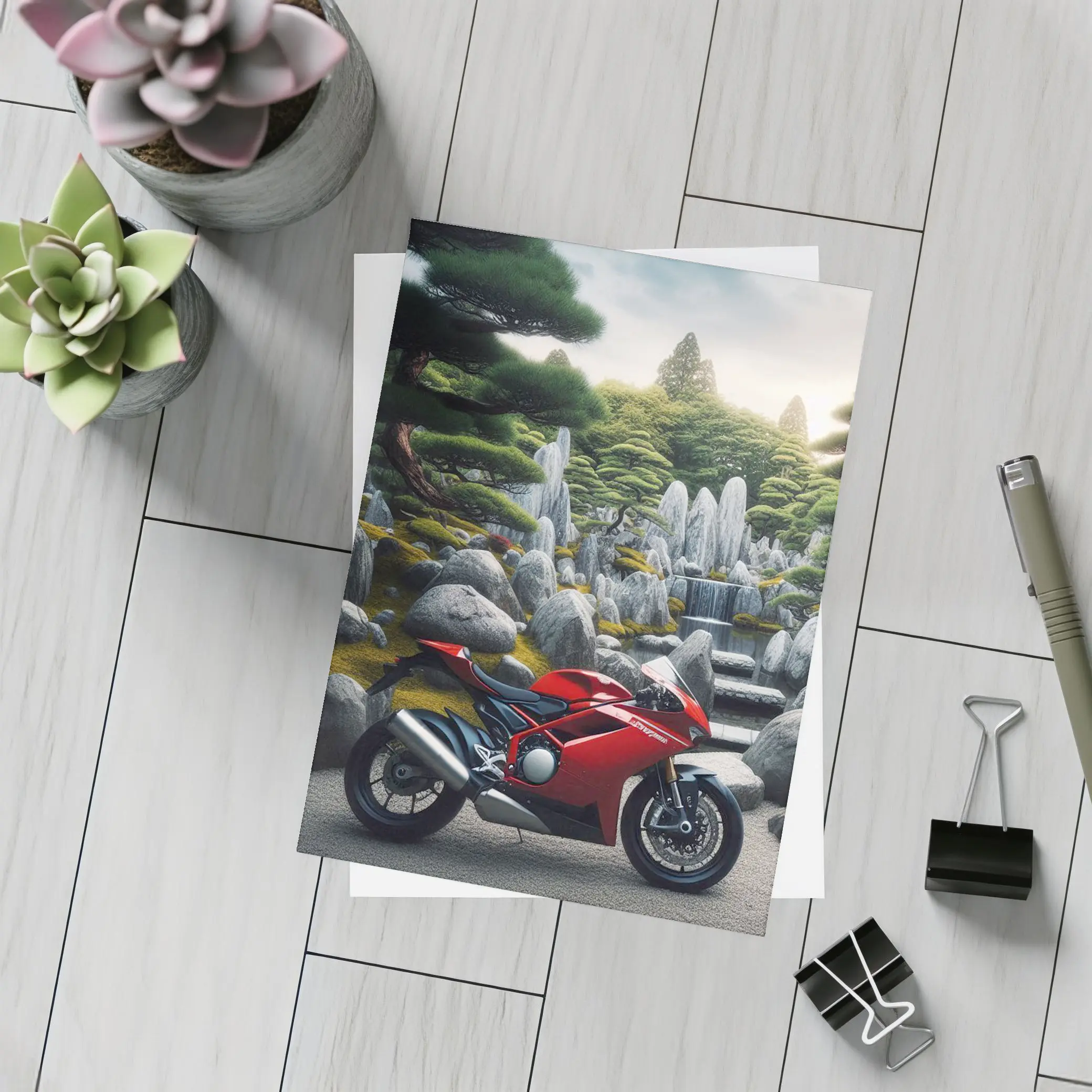 Red Ducati Superbike Japanese Garden Setting – Postcards