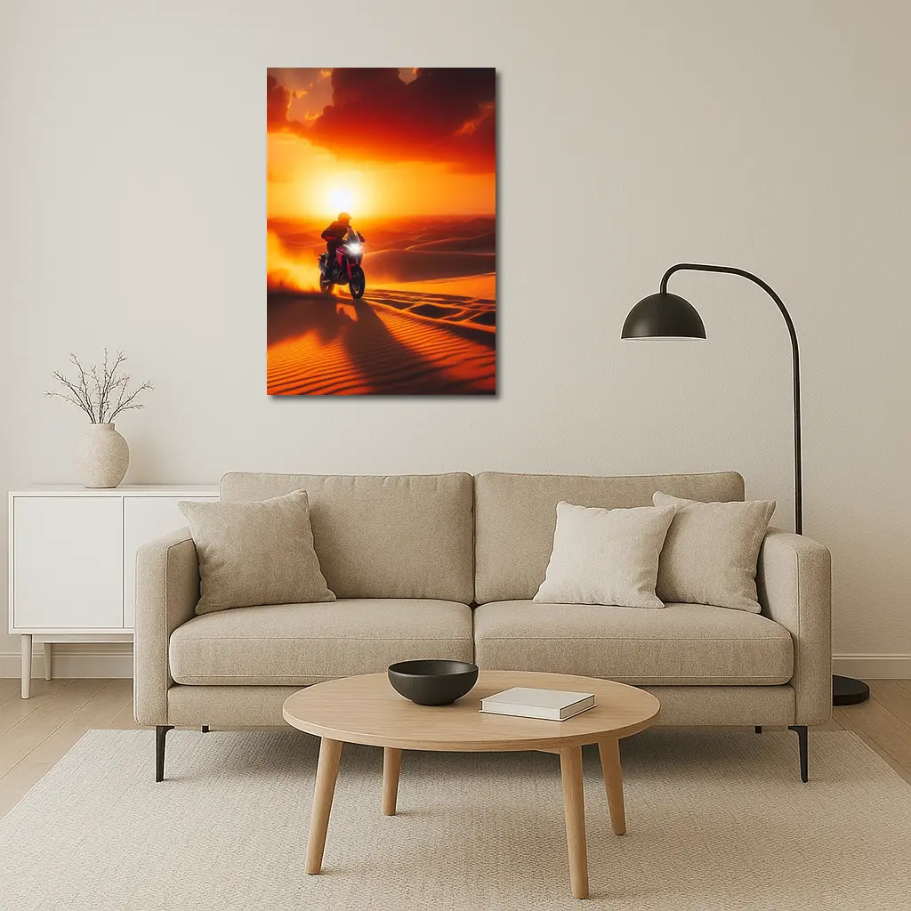 Adventure Motorcycle Rider Desert Sunset Dunes – Wall Art