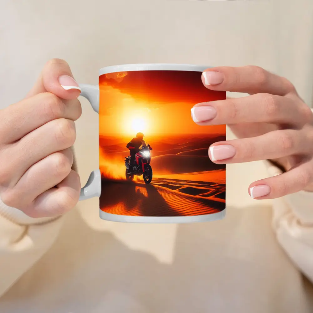 Adventure Motorcycle Rider Desert Sunset Dunes – Mugs