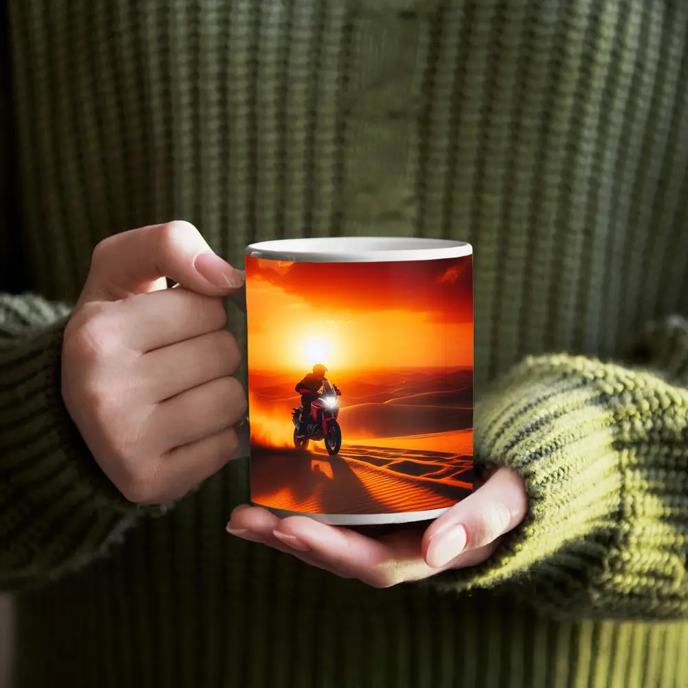 Adventure Motorcycle Rider Desert Sunset Dunes – Mugs