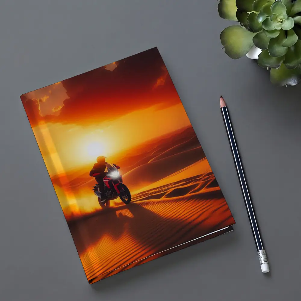 Adventure Motorcycle Rider Desert Sunset Dunes – Notebooks