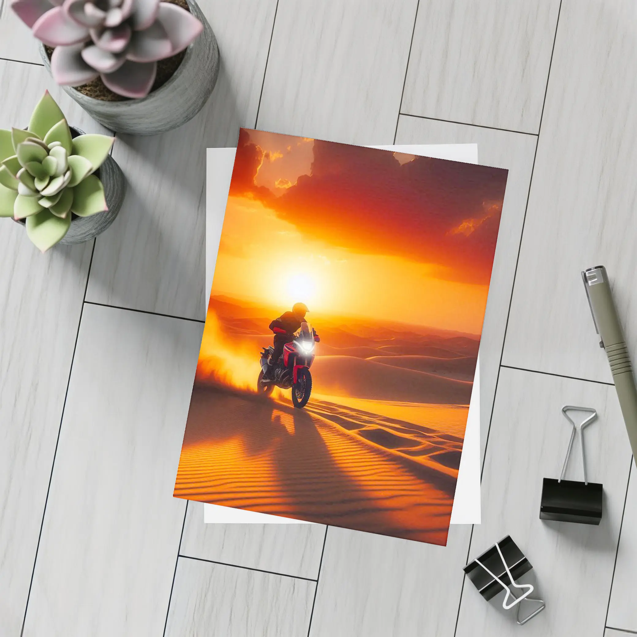 Adventure Motorcycle Rider Desert Sunset Dunes – Postcards