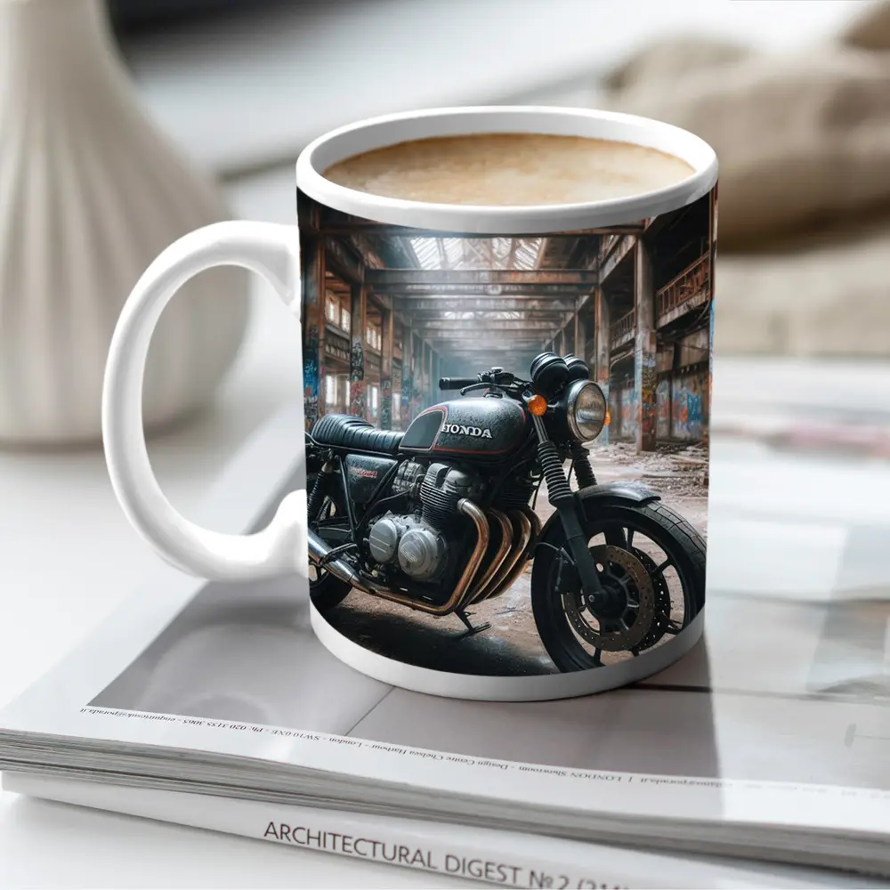 Honda Cafe Racer Motorcycle Abandoned Industrial Warehouse – Mugs