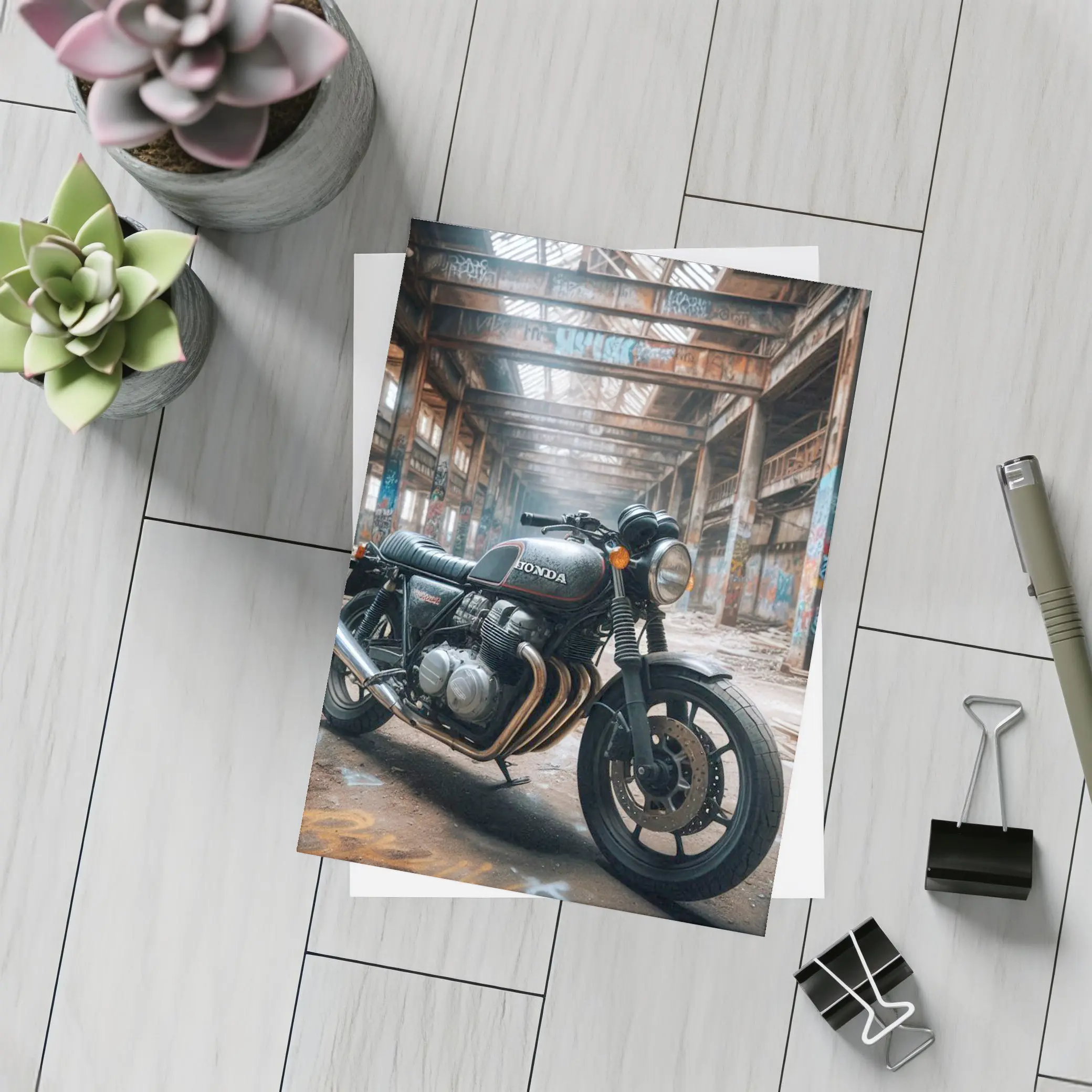 Honda Cafe Racer Motorcycle Abandoned Industrial Warehouse – Postcards