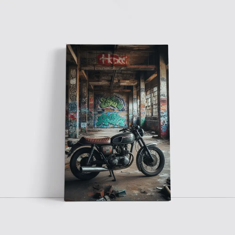 Honda Cafe Racer Motorcycle Abandoned Building Graffiti – Wall Art
