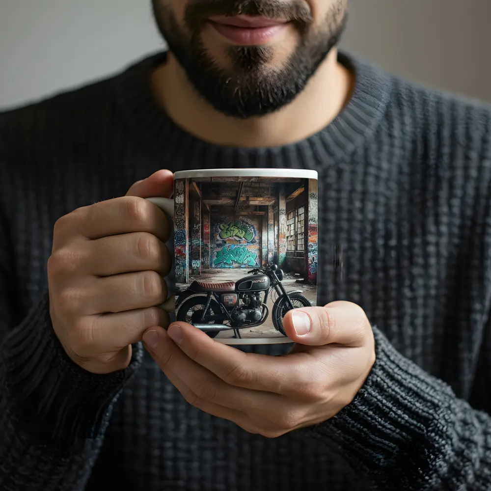 Honda Cafe Racer Motorcycle Abandoned Building Graffiti – Mugs