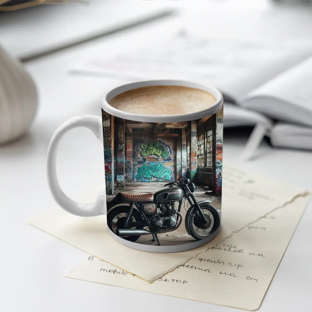 Honda Cafe Racer Motorcycle Abandoned Building Graffiti – Mugs