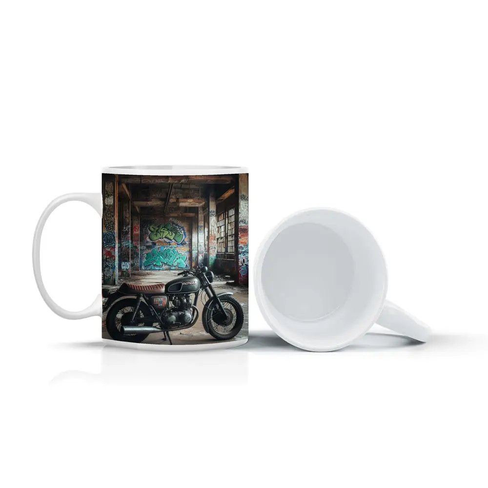 Honda Cafe Racer Motorcycle Abandoned Building Graffiti – Mugs
