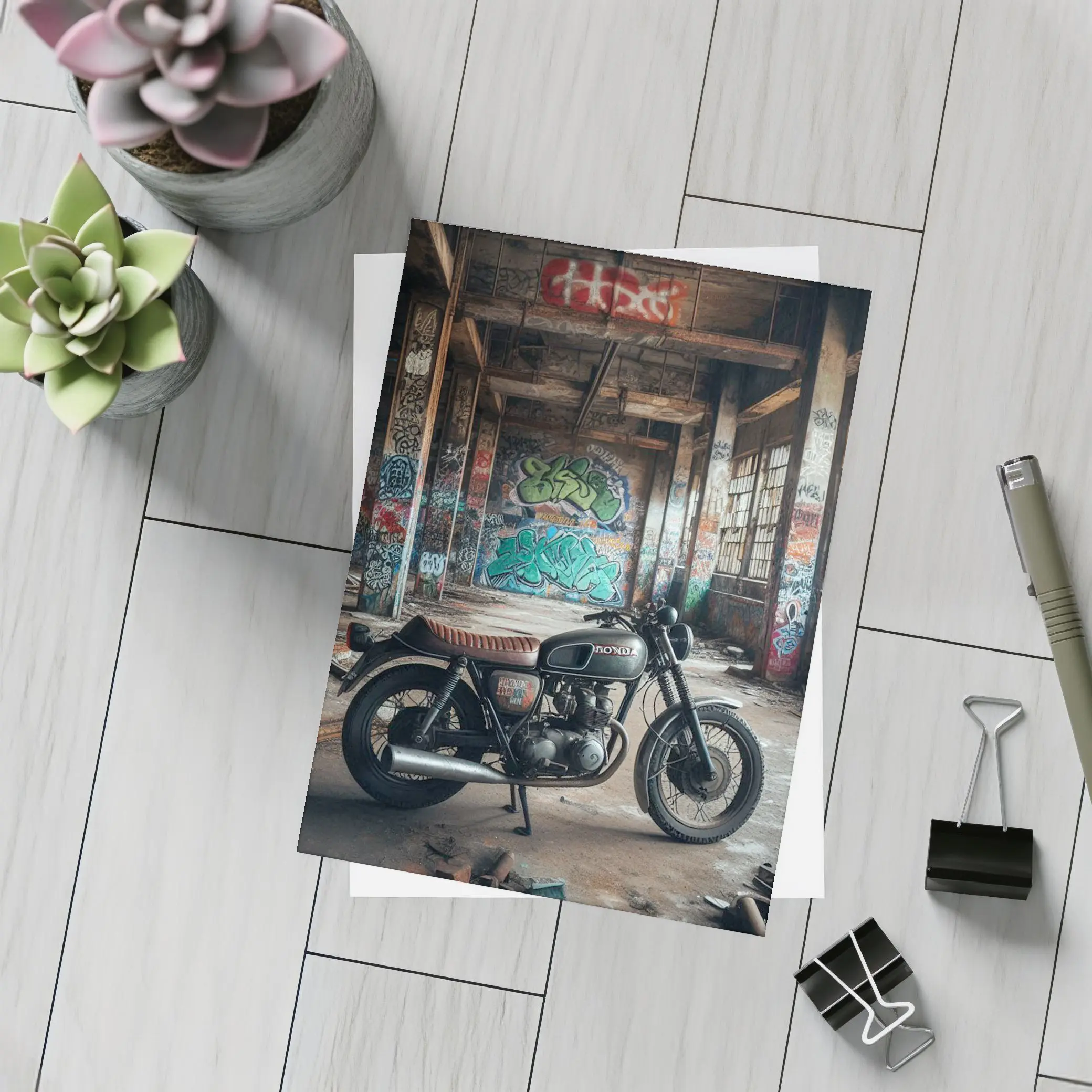 Honda Cafe Racer Motorcycle Abandoned Building Graffiti – Postcards
