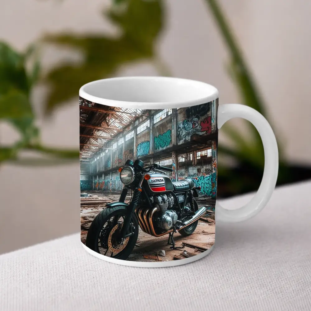 Honda Cafe Racer Motorcycle Abandoned Industrial Warehouse – Mugs