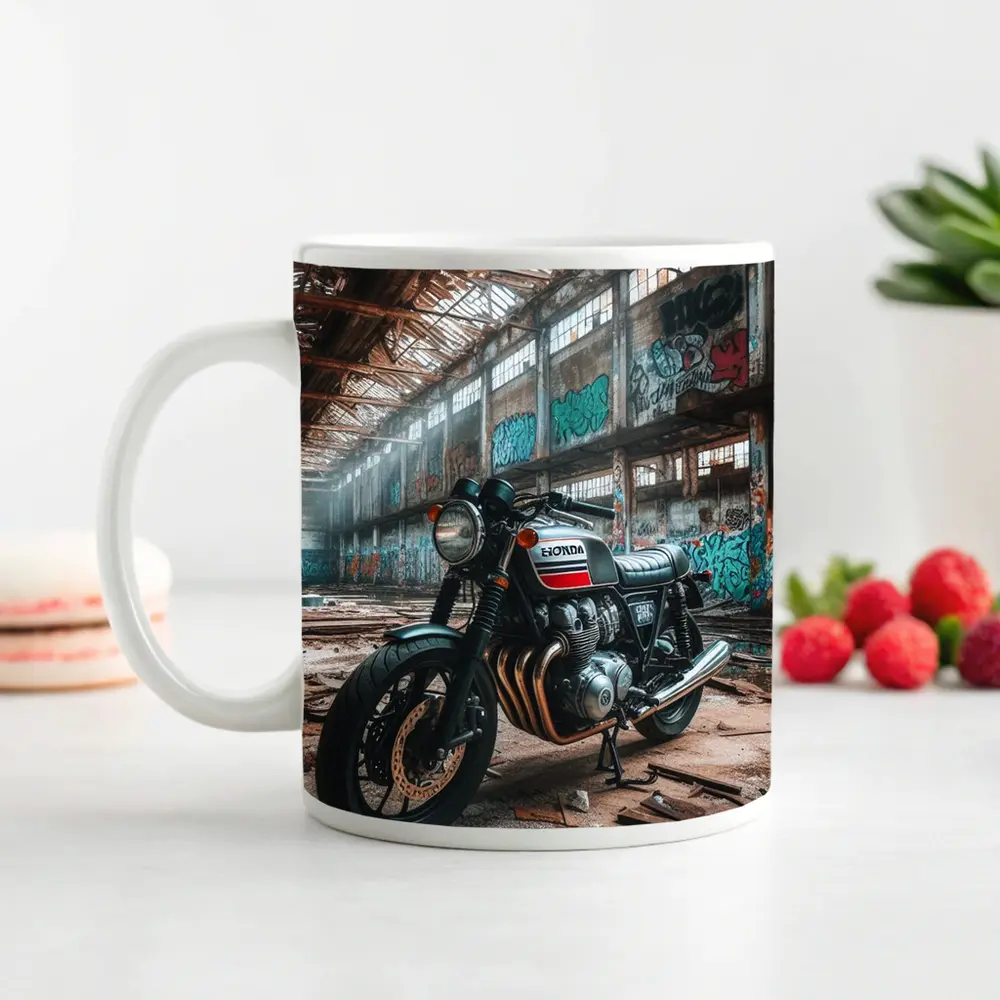 Honda Cafe Racer Motorcycle Abandoned Industrial Warehouse – Mugs
