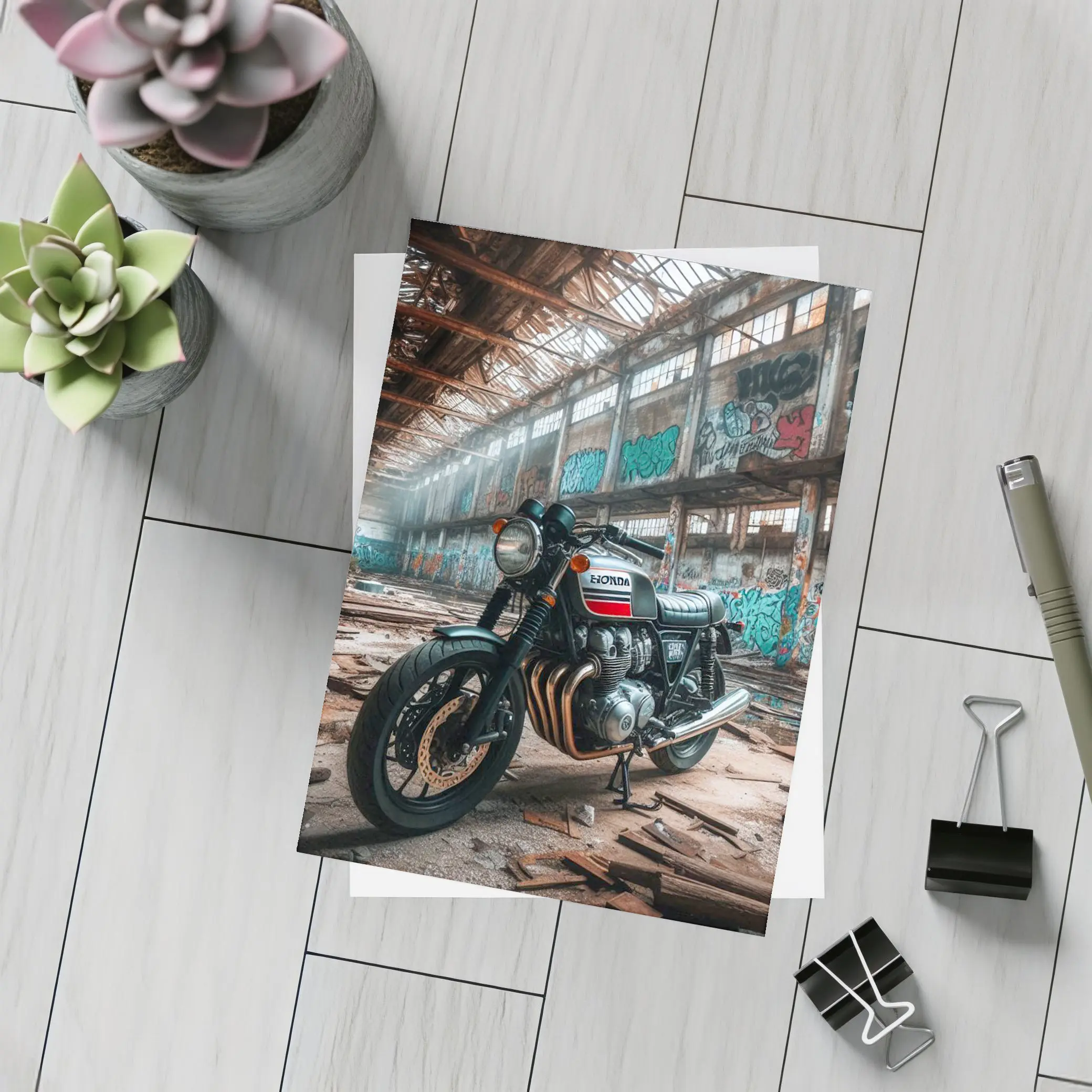 Honda Cafe Racer Motorcycle Abandoned Industrial Warehouse – Postcards