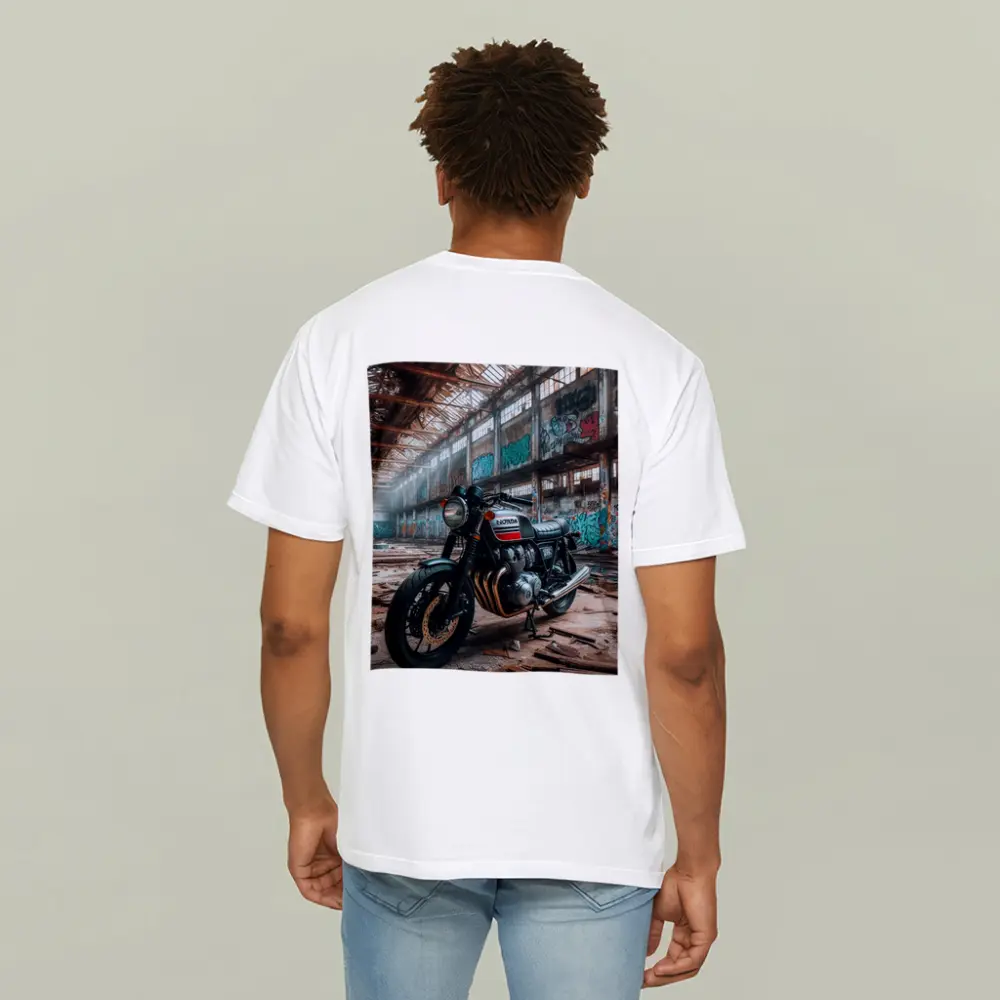 Honda Cafe Racer Motorcycle Abandoned Industrial Warehouse – T-Shirts