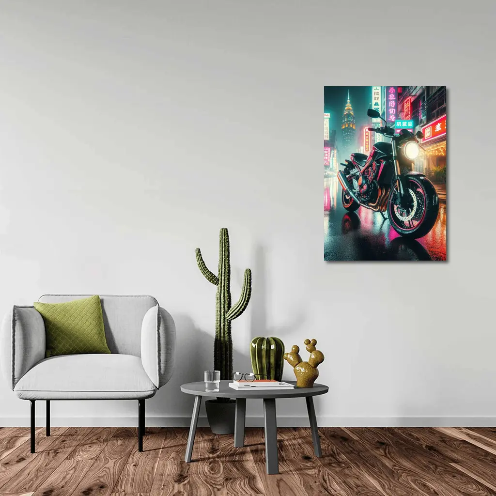 Naked Bike Neon City Rainy Night Street – Wall Art