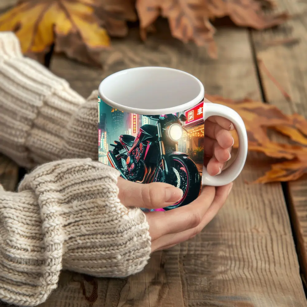 Naked Bike Neon City Rainy Night Street – Mugs