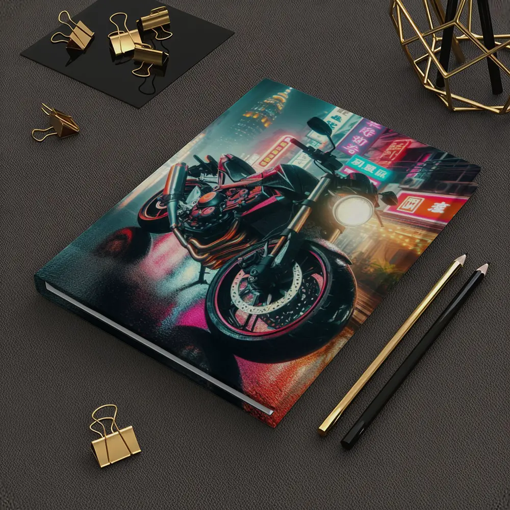 Naked Bike Neon City Rainy Night Street – Notebooks