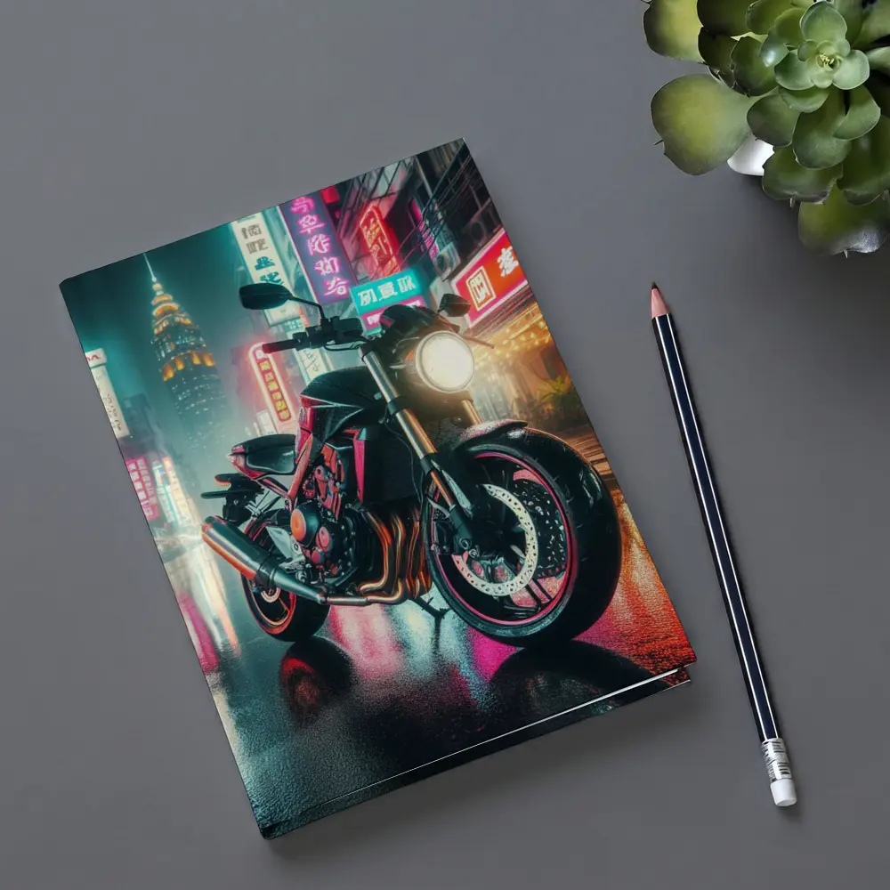 Naked Bike Neon City Rainy Night Street – Notebooks