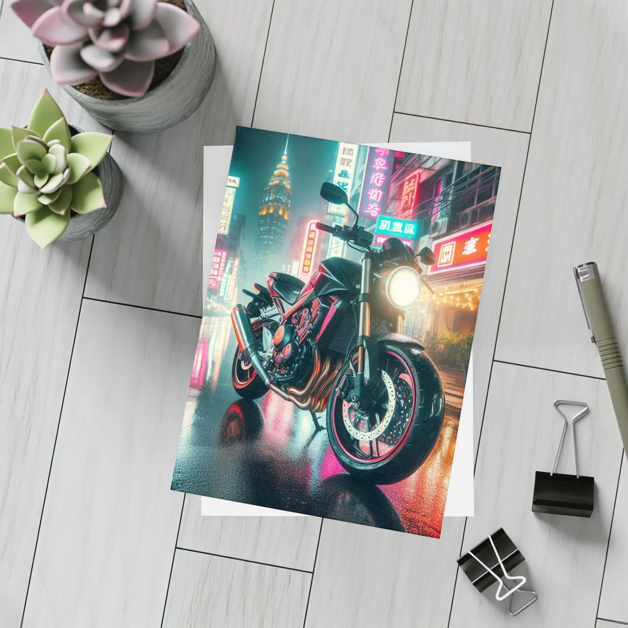 Naked Bike Neon City Rainy Night Street – Postcards