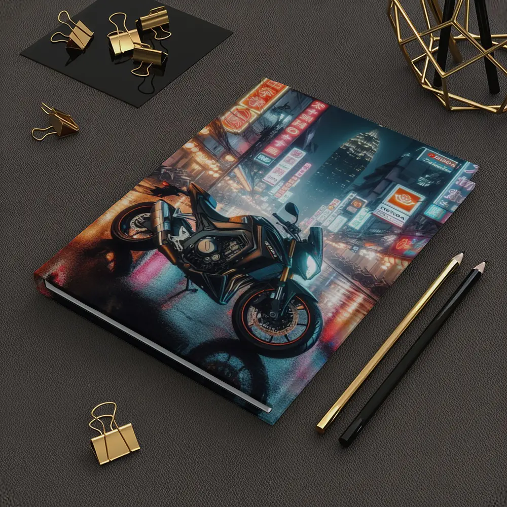 Naked Bike Rainy Neon City Night Street – Notebooks