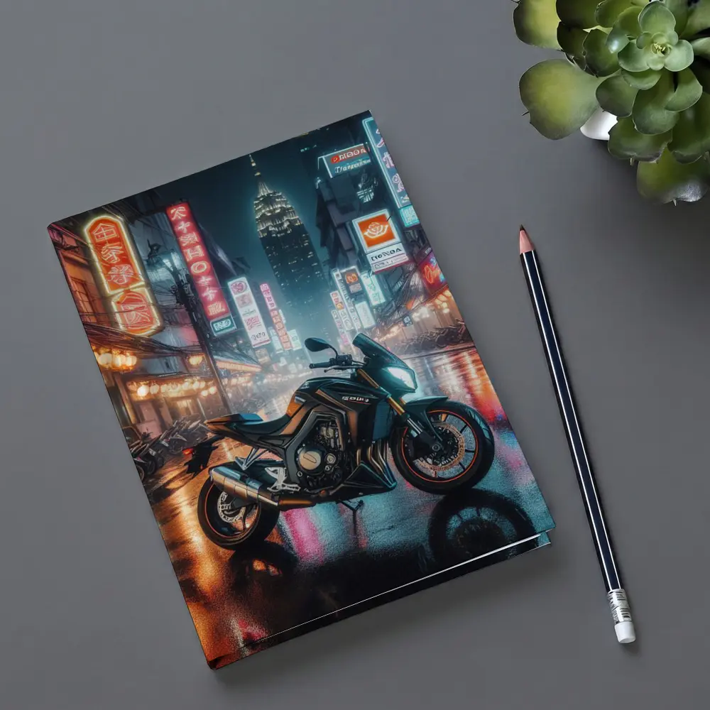 Naked Bike Rainy Neon City Night Street – Notebooks